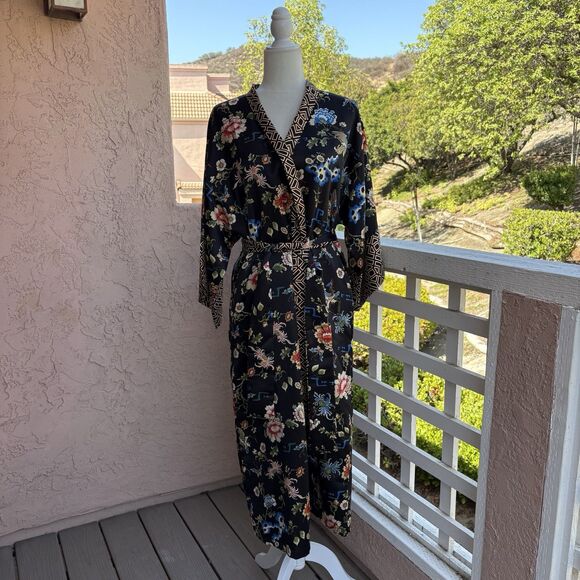 Natori Medium Robe Satin Kimono Lounge Floral Crane Birds Japanese Butterfly - Picture 1 of 12